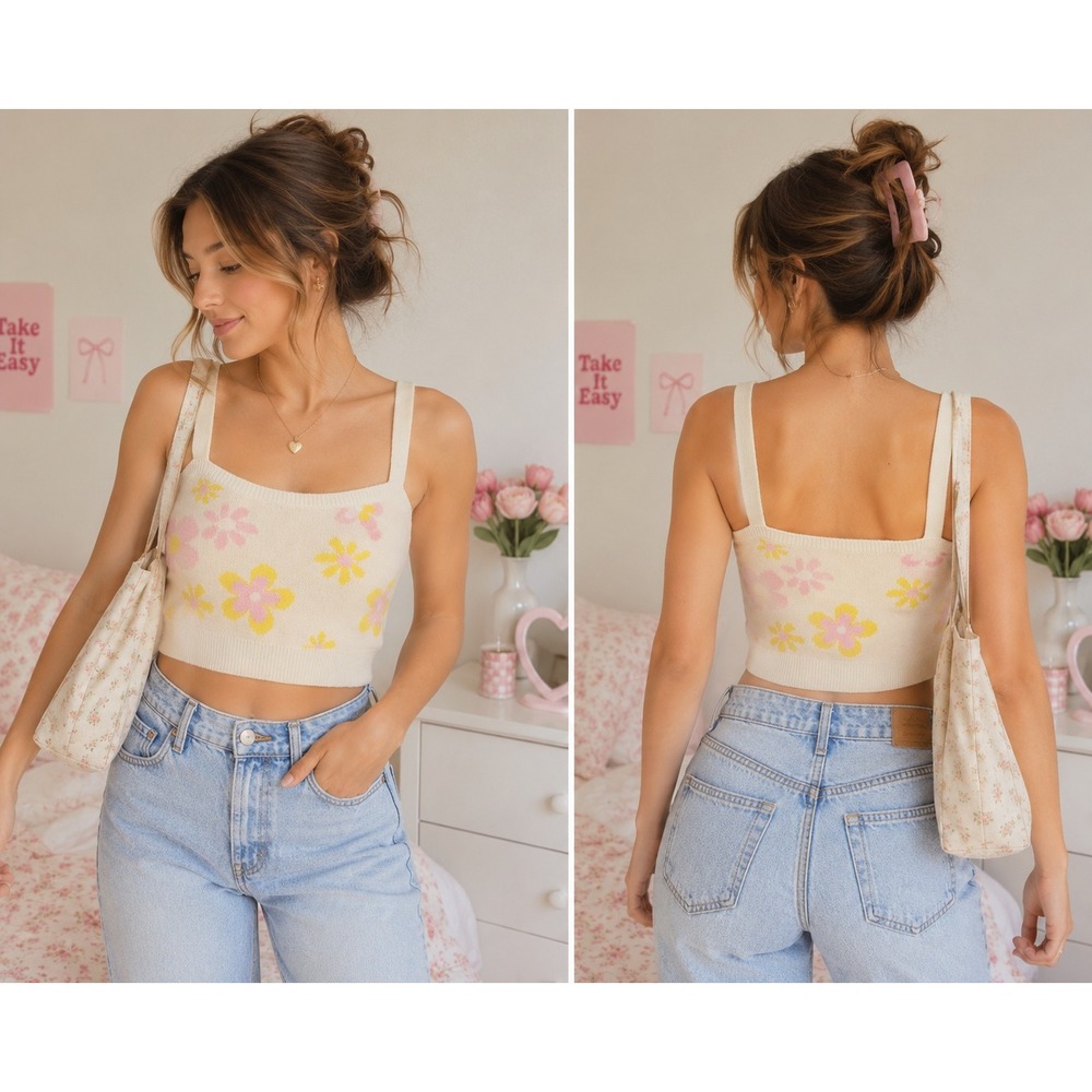Witty Fox Floral Knit Crop Tank Y2K Pink Yellow Soft Girl Cami S M Coquette
